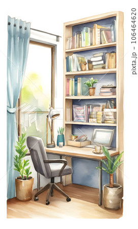 落ち着いた雰囲気の書斎の内観パース 水彩イラスト Generative AI 落ち着いた雰囲気の書斎の内観パース 水彩イラスト Generative AI 106464620