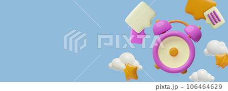 Autumn time morning banner design. Modern plastic 3d alarm clock, speech bubbles with copy space. Autumn time morning banner design. Modern plastic 3d alarm clock, speech bubbles with copy space. 106464629