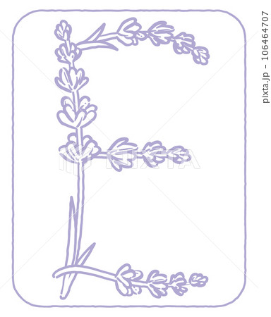 ラベンダーの花のスケッチ風、デザイン文字。「E」。ベクター素材。 ラベンダーの花のスケッチ風、デザイン文字。「E」。ベクター素材。 106464707