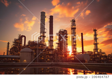 Aerial view of Petrochemical industry refinery in the morning background. Energy Industrial plant oil station, manufacturing for fuel and energy, furnace factory line. 106464787