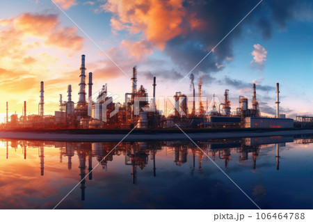 Aerial view of Petrochemical industry refinery in the morning background. Energy Industrial plant oil station, manufacturing for fuel and energy, furnace factory line. 106464788