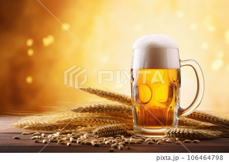 Close up of beer in a mug with foam and wheat ingredients on wooden table with blurred sparkling light background and copy space. 106464798