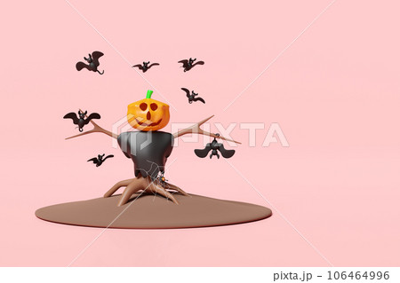 3d halloween scarecrow with bats, pumpkin head isolated on pink background. halloween day, holiday party, 3d render illustration 106464996