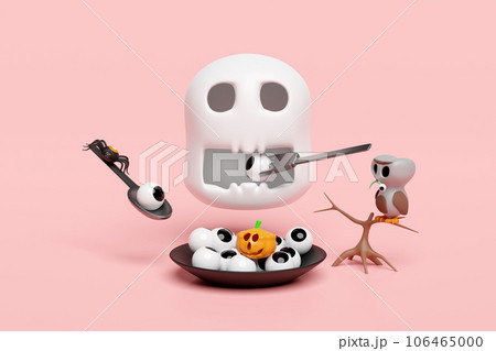 3d halloween day concept with skull eats eyeball, pumpkin head in plate, cute ghost owl perched on branch isolated on pink background. holiday party, 3d render illustration 106465000