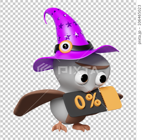 3d halloween day with flying cute owl wearing a witch hat holds a discount coupon isolated. marketing promotion bonuses concept, 3d render illustration 3d halloween day with flying cute owl wearing a witch hat holds a discount coupon isolated. marketing promotion bonuses concept, 3d render illustration 106465023