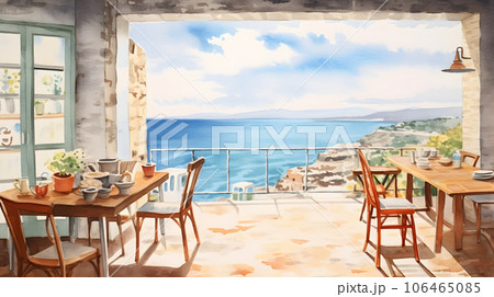 海が見えるカフェの建築パース 水彩イラスト Generative AIのイラスト