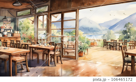 山が見えるカフェの建築パース 水彩イラストのイラスト素材 [106465172