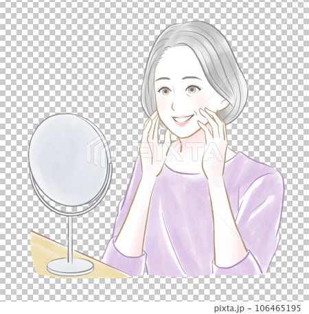 一位灰髮老婦一邊看著鏡子一邊微笑著摸著自己的臉 一位灰髮老婦一邊看著鏡子一邊微笑著摸著自己的臉 106465195
