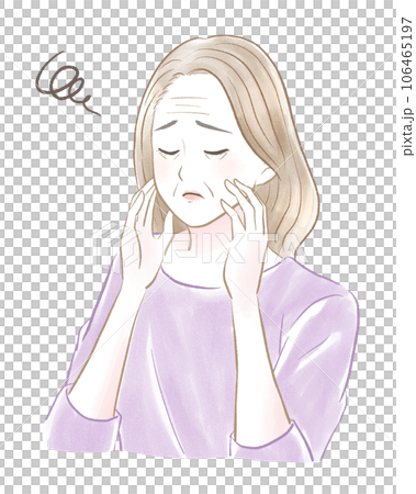 Brown-haired senior woman closing her eyes and touching her face to see many wrinkles Brown-haired senior woman closing her eyes and touching her face to see many wrinkles 106465197