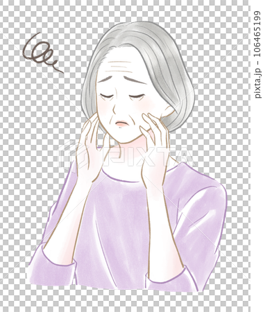 Gray-haired senior woman closing her eyes and touching her face to see many wrinkles Gray-haired senior woman closing her eyes and touching her face to see many wrinkles 106465199