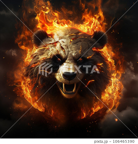 Image of angry panda face and flames on dark background. Wildlife Animals. Illustration, Generative AI. 106465390