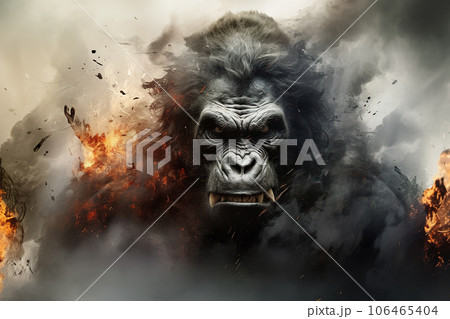Image of ferocious eerie angry gorilla and there is smoke and fire, Wildlife Animals., Generative AI, Illustration. 106465404