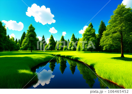 game and animation green forest with blue sky and clouds landscape 106465452
