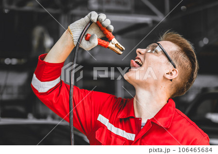 Mechanic male electricity man with charging battery clamps tool clip tongue for charging body self energy powerful man 106465684