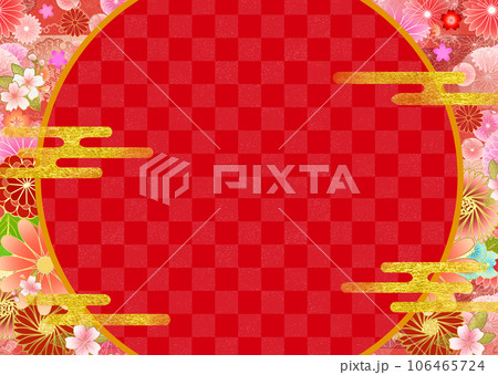 和柄の円フレーム背景　花模様と市松模様 106465724