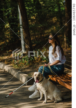Blind caucasian woman sitting on bench with guide dog. Blind caucasian woman sitting on bench with guide dog. 106465740