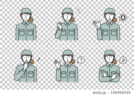 Set of women in work clothes wearing helmets, fist pose, guidance, raising hands, worried, troubled, raising hands Set of women in work clothes wearing helmets, fist pose, guidance, raising hands, worried, troubled, raising hands 106466036