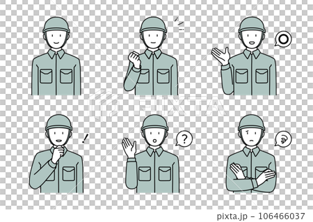 Set of men in work clothes wearing helmets, fist pose, guidance, raising hands, worried, troubled, raising hands Set of men in work clothes wearing helmets, fist pose, guidance, raising hands, worried, troubled, raising hands 106466037