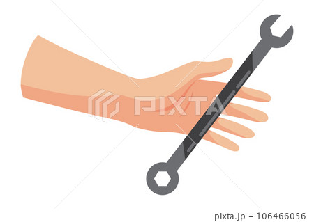 Construction tool in hand, wrench or spanner. Repair and housework equipment in flat design, vector illustration. Master tool for building renovation 106466056