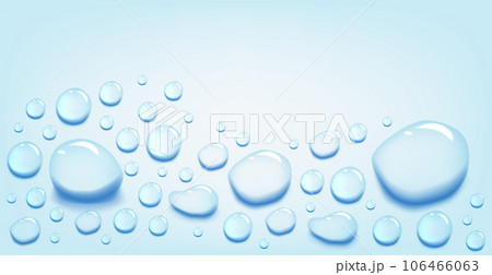 Water puddle drops set. Top view liquid splashes set, wet environment. Water spill or aqua scattered drops isolated on blue background 106466063