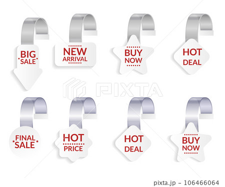 Promotional wobblers mockup set. Price tags hang on wall. Supermarket sale promotion pointing wobbler. Sale or discount label, special offer price tag Promotional wobblers mockup set. Price tags hang on wall. Supermarket sale promotion pointing wobbler. Sale or discount label, special offer price tag 106466064