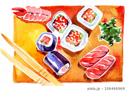 Watercolor sushi and roll with chopsticks on white background. Watercolor sushi and roll with chopsticks on white background. 106466969