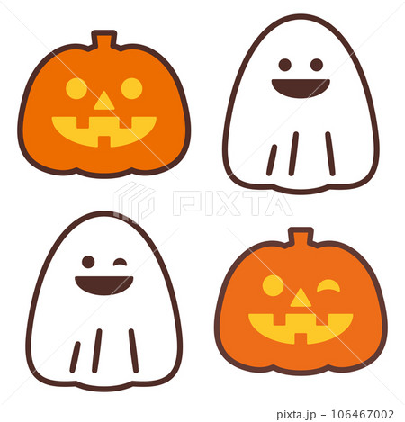 主線ありのかぼちゃとおばけのハロウィンセットシンプルイラストの