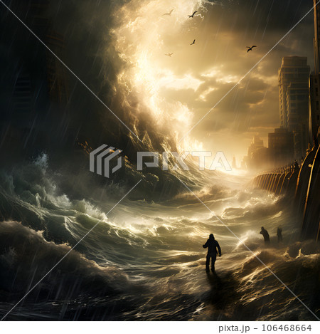 都市を襲う津波のイメージ図　Generative AI 106468664