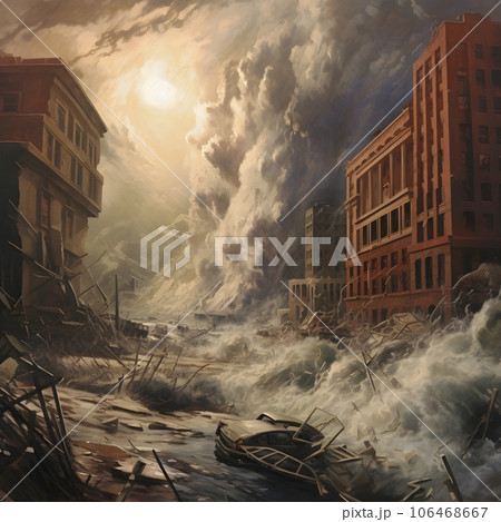 都市を襲う津波のイメージ図　Generative AI 106468667