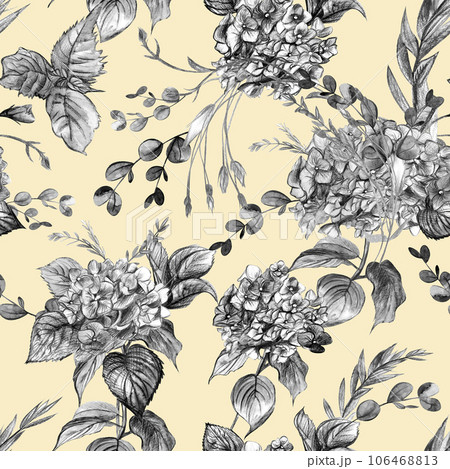 Summer watercolor seamless pattern with black and white hydrangeas on a beige background Summer watercolor seamless pattern with black and white hydrangeas on a beige background 106468813