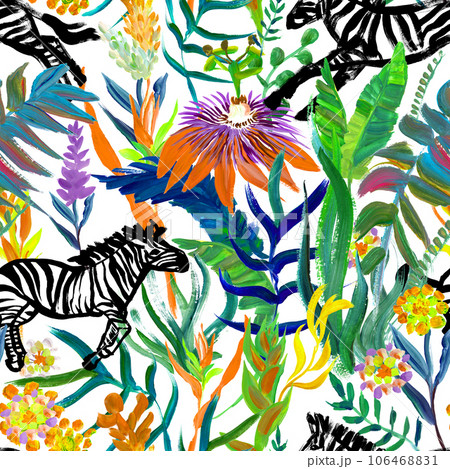 Seamless pattern with running zebras and bright tropical flowers drawn in a painterly style for summer textiles and design 106468831