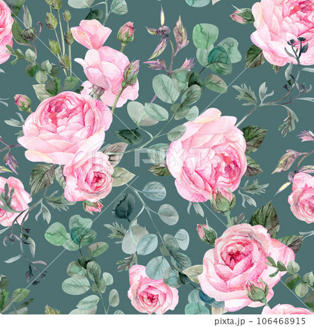 Retro watercolor botanical pattern with bouquets of roses 106468915