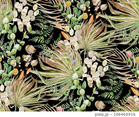 Seamless watercolor pattern with graceful herbs and flowers with leaves 106468916
