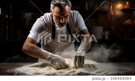 Chef kneading dough on a wooden table in the kitchen. 106468964