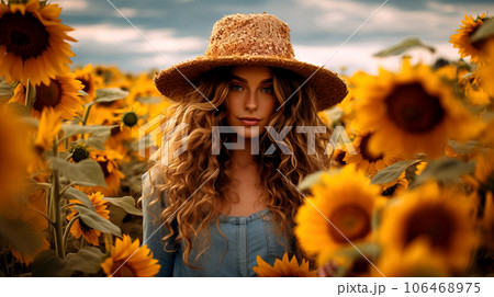 Portrait of a beautiful girl in a field of sunflowers.  106468975
