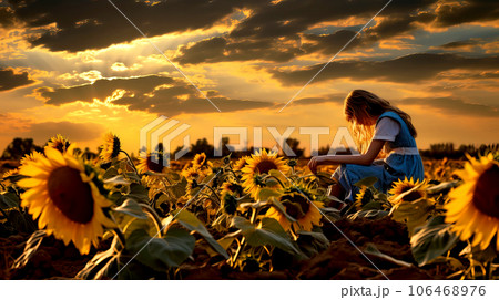 Little girl in a field of sunflowers at sunset in summer. 106468976