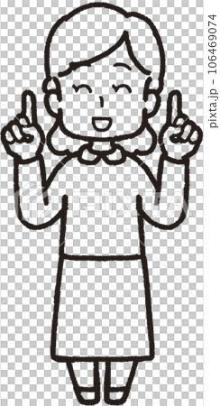 Full body line drawing illustration of a woman smiling with one finger on both hands Full body line drawing illustration of a woman smiling with one finger on both hands 106469074