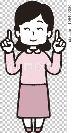Full body illustration of a woman smiling with one finger on both hands 106469080