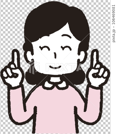 Upper body illustration of a woman laughing with one finger on both hands Upper body illustration of a woman laughing with one finger on both hands 106469081