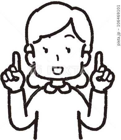 両手で1本指をして笑う女性の上半身線画イラスト 両手で1本指をして笑う女性の上半身線画イラスト 106469101