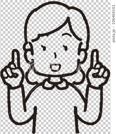 両手で1本指をして笑う女性の上半身線画イラスト 両手で1本指をして笑う女性の上半身線画イラスト 106469101