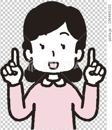 Upper body illustration of a woman laughing with one finger on both hands Upper body illustration of a woman laughing with one finger on both hands 106469103