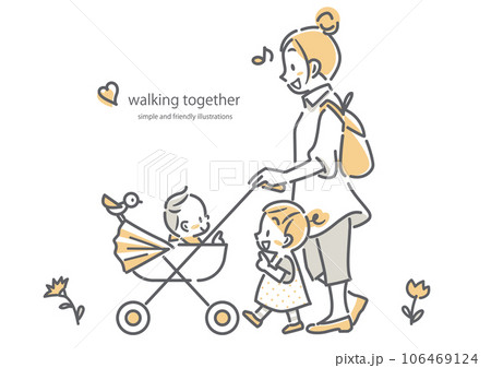 親子の楽しいお出かけ　お母さんと子どもたち　赤ちゃん　シンプルでお洒落な線画イラスト 106469124
