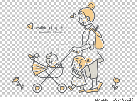 親子の楽しいお出かけ　お母さんと子どもたち　赤ちゃん　シンプルでお洒落な線画イラスト 106469124