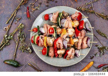 Raw meat skewers. Raw meat skewers. 106469444