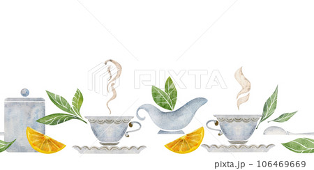 Watercolor hand drawn illustration. Tea pot cups saucer lemon cinnamon green leaf. Seamless banner. Isolated on white background. For invitations, cafe, restaurant food menu, print, website, cards Watercolor hand drawn illustration. Tea pot cups saucer lemon cinnamon green leaf. Seamless banner. Isolated on white background. For invitations, cafe, restaurant food menu, print, website, cards 106469669