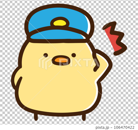 一隻戴著警察帽子敬禮的可愛小雞的變形插圖 106470422