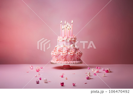 Beautiful cake with pink frosting and candles. AI generative, illustration. 106470492