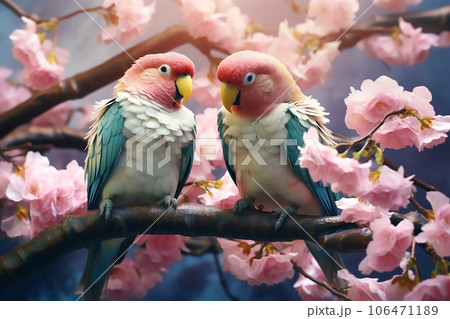 Two large colorful parrots siting on a branch of sakura. Generative AI 106471189
