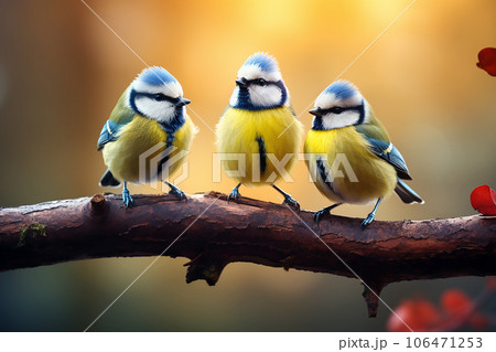 Two yellow blue birds sit on a branch on yellow background. Generative AI Two yellow blue birds sit on a branch on yellow background. Generative AI 106471253